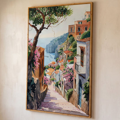 Mediterranean Village View Canvas Print with Coastal Charm shown in white oak floating frame