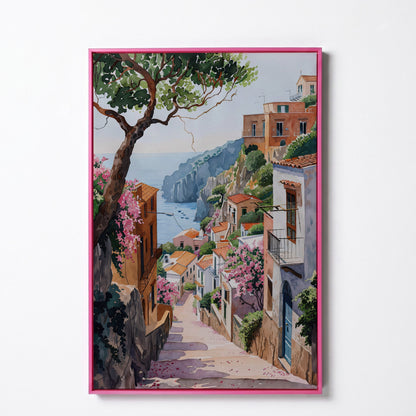 Mediterranean Village View Canvas Print with Coastal Charm in pink floating frame