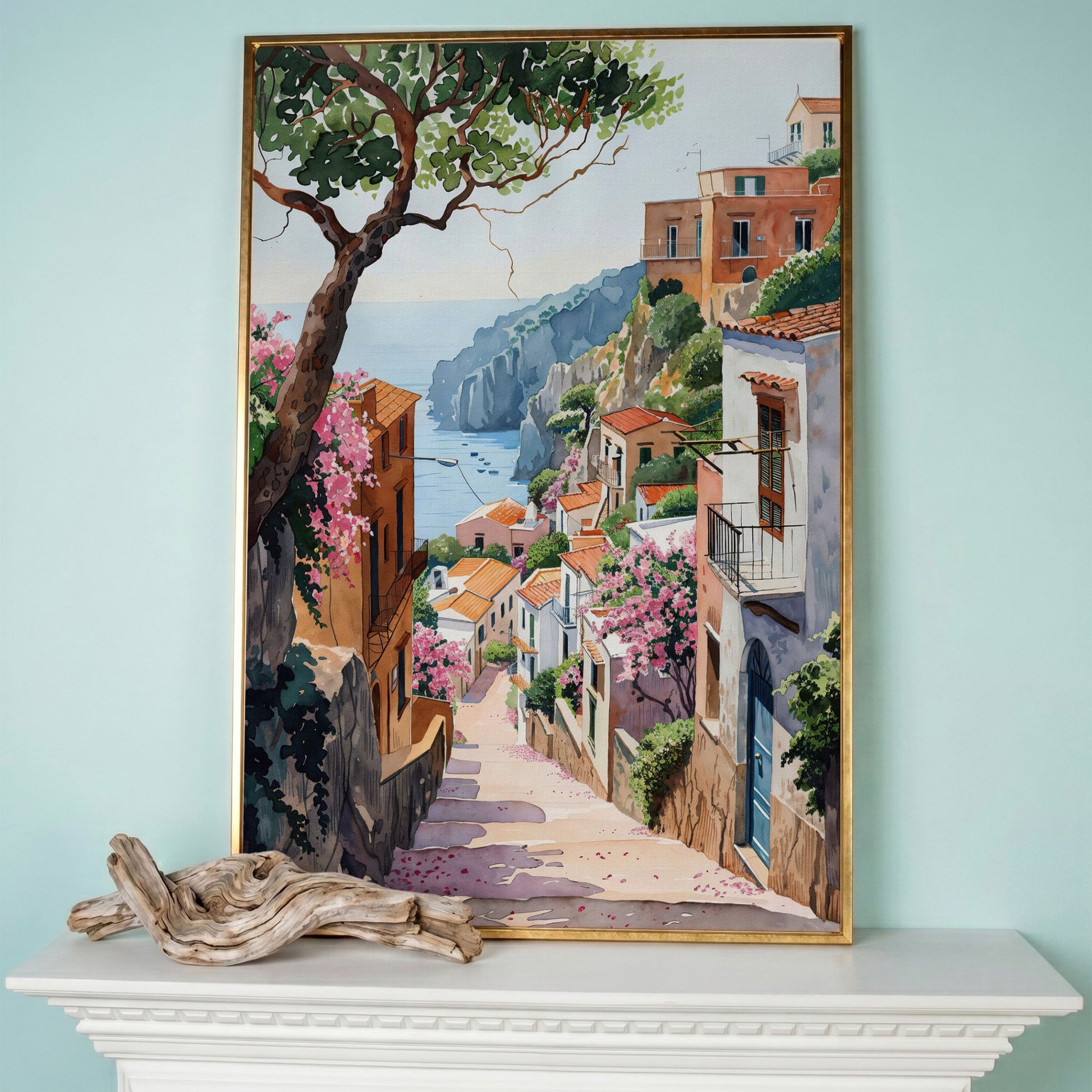 Mediterranean Village View Canvas Print with Coastal Charm in rose gold floating frame