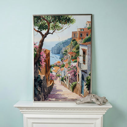 Mediterranean Village View Canvas Print with Coastal Charm in silver floating frame