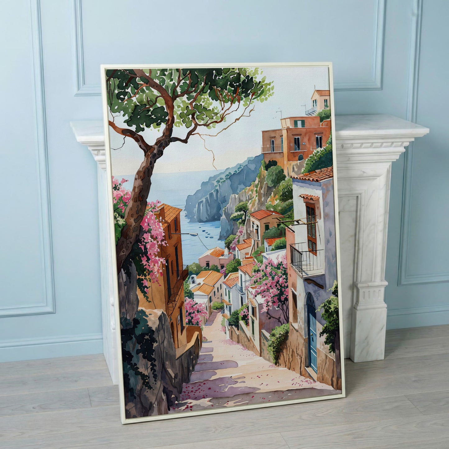 Mediterranean Village View Canvas Print with Coastal Charm in white floating frame
