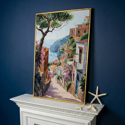 Mediterranean Village View Canvas Print with Coastal Charm in yellow gold floating frame