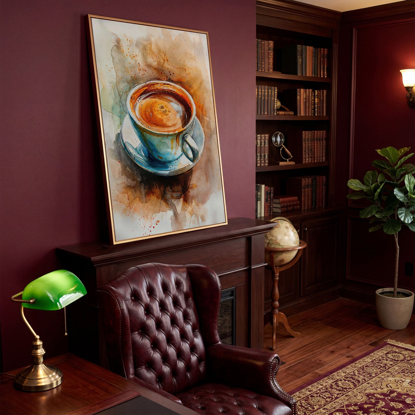 Coffee Cup Watercolor Canvas Print for Kitchen Art in antique gold floating frame