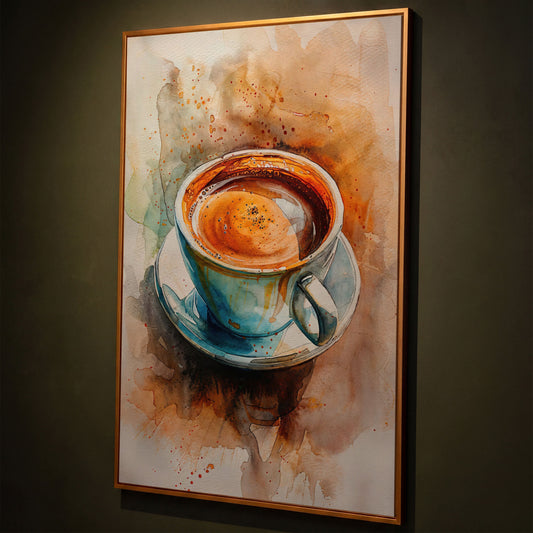 Coffee Cup Watercolor Canvas Print for Kitchen Art shown in antique gold floating frame