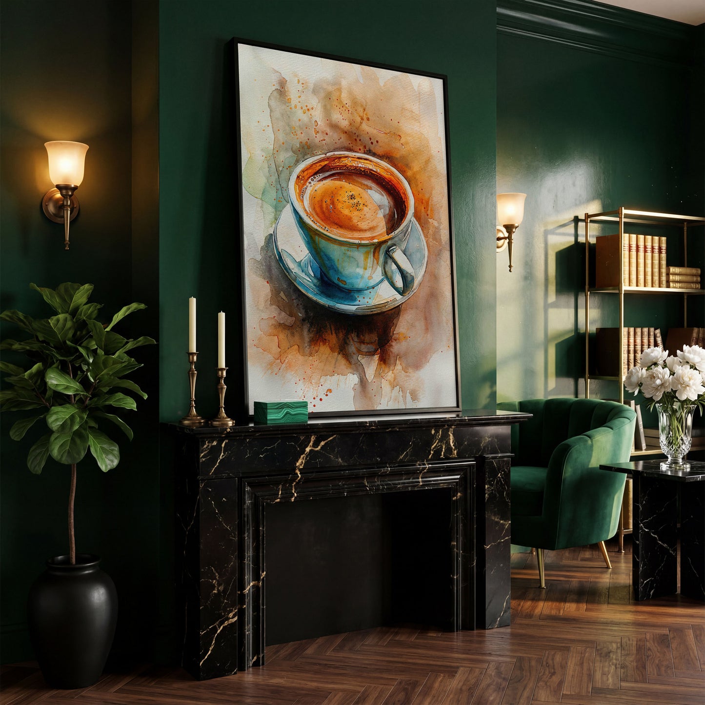 Coffee Cup Watercolor Canvas Print for Kitchen Art in black floating frame