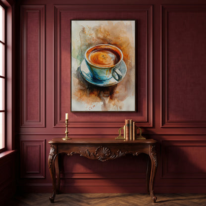 Coffee Cup Watercolor Canvas Print for Kitchen Art in dark walnut floating frame