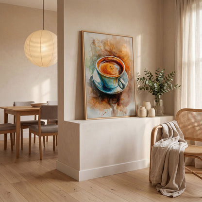 Coffee Cup Watercolor Canvas Print for Kitchen Art in white oak floating frame