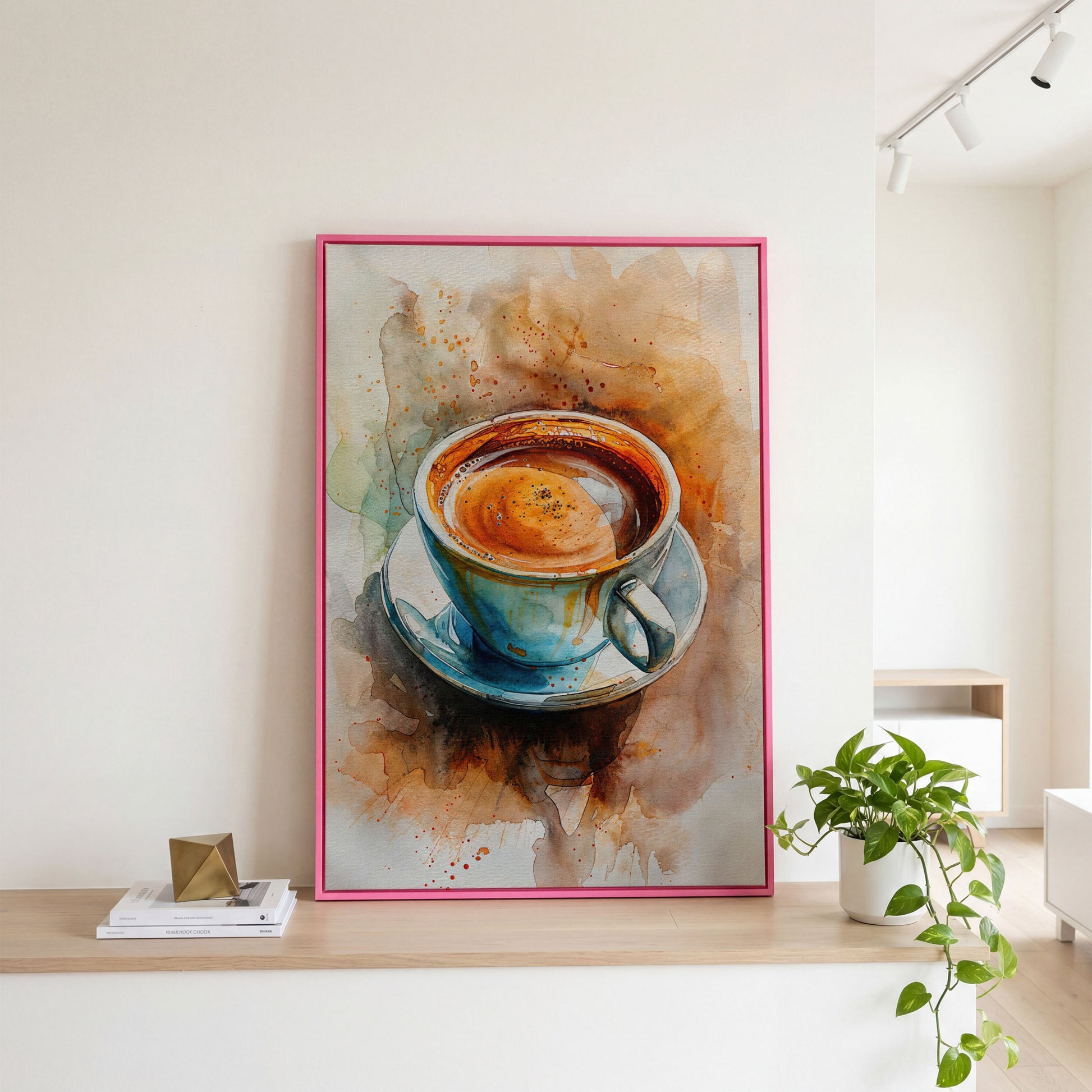 Coffee Cup Watercolor Canvas Print for Kitchen Art in pink floating frame