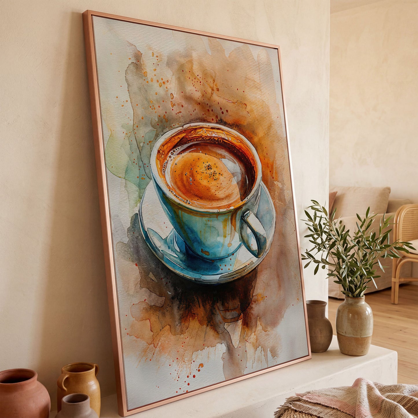 Coffee Cup Watercolor Canvas Print for Kitchen Art in rose gold floating frame