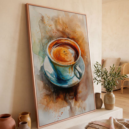 Coffee Cup Watercolor Canvas Print for Kitchen Art in rose gold floating frame