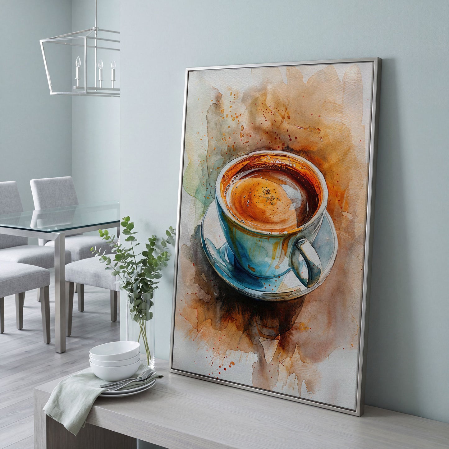 Coffee Cup Watercolor Canvas Print for Kitchen Art in silver floating frame