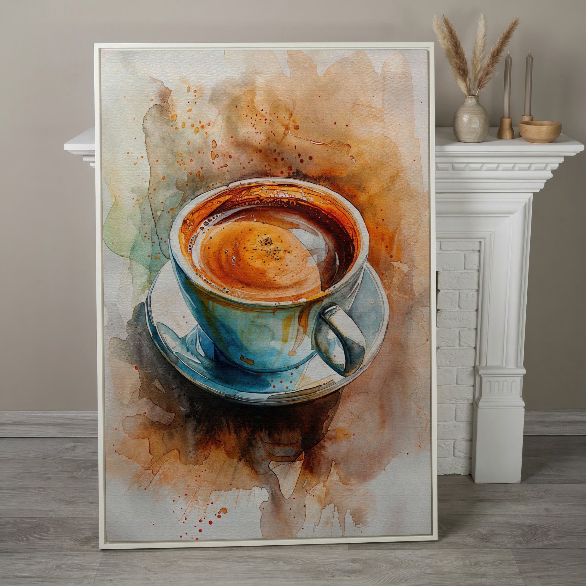 Coffee Cup Watercolor Canvas Print for Kitchen Art in white floating frame