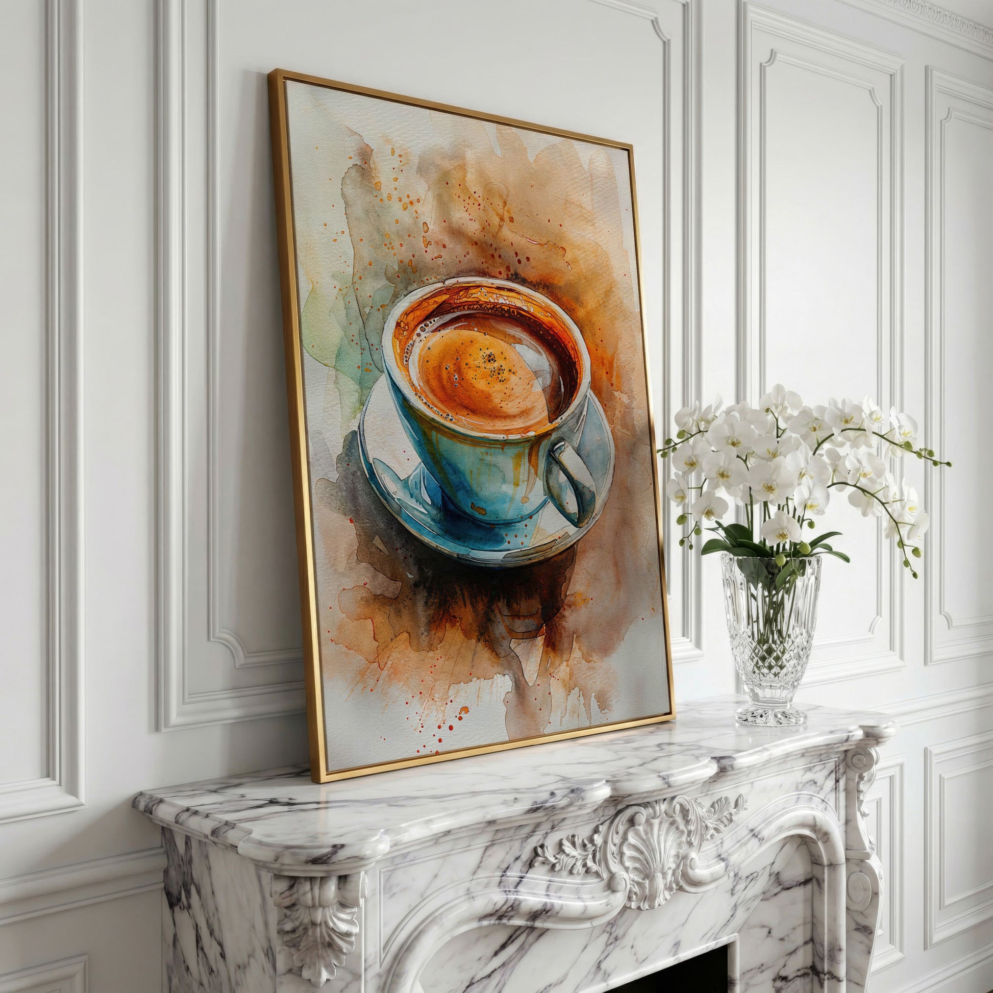 Coffee Cup Watercolor Canvas Print for Kitchen Art in yellow gold floating frame