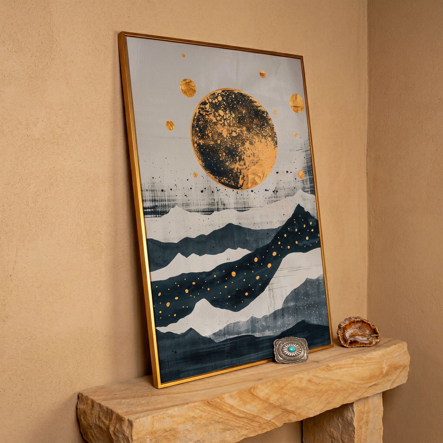 Golden Moon & Layered Mountains Canvas in antique gold floating frame