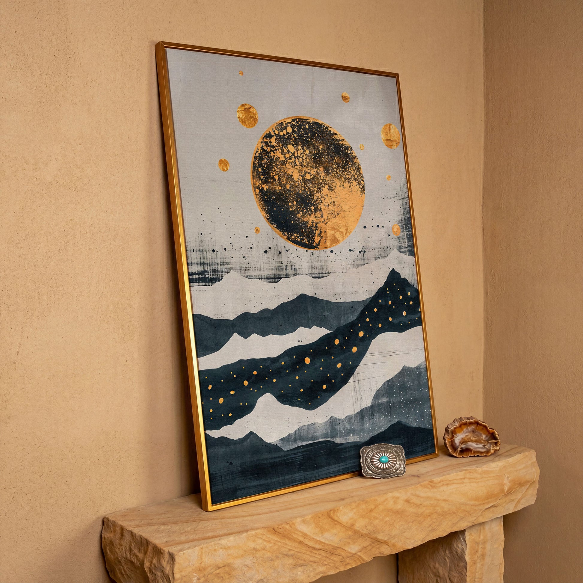 Golden Moon & Layered Mountains Canvas in antique gold floating frame