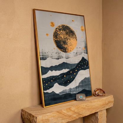 Golden Moon & Layered Mountains Canvas in antique gold floating frame