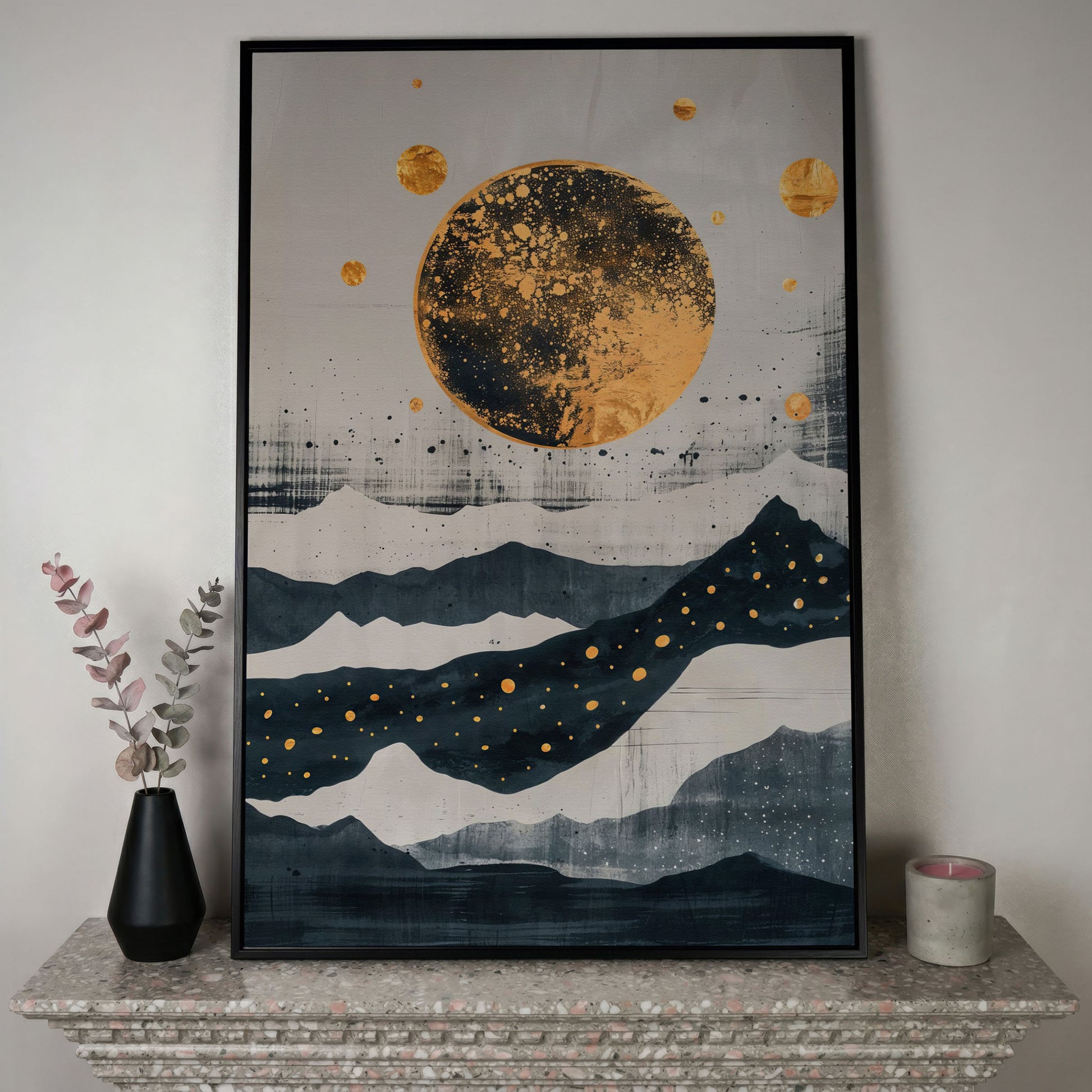 Golden Moon & Layered Mountains Canvas in black floating frame
