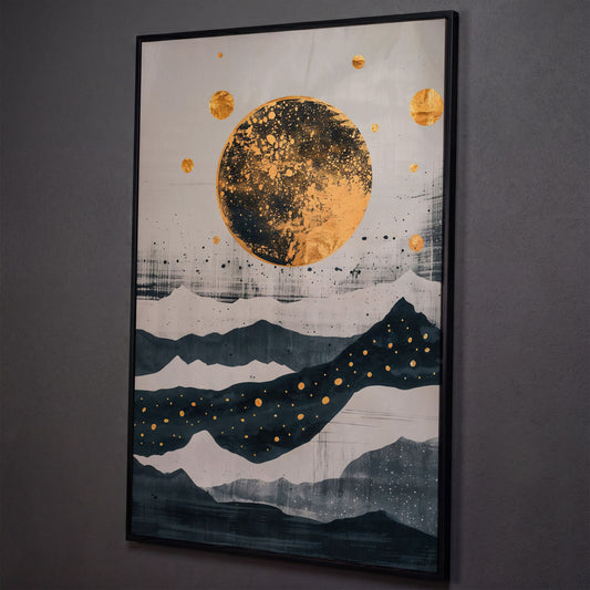 Golden Moon & Layered Mountains Canvas shown in black floating frame