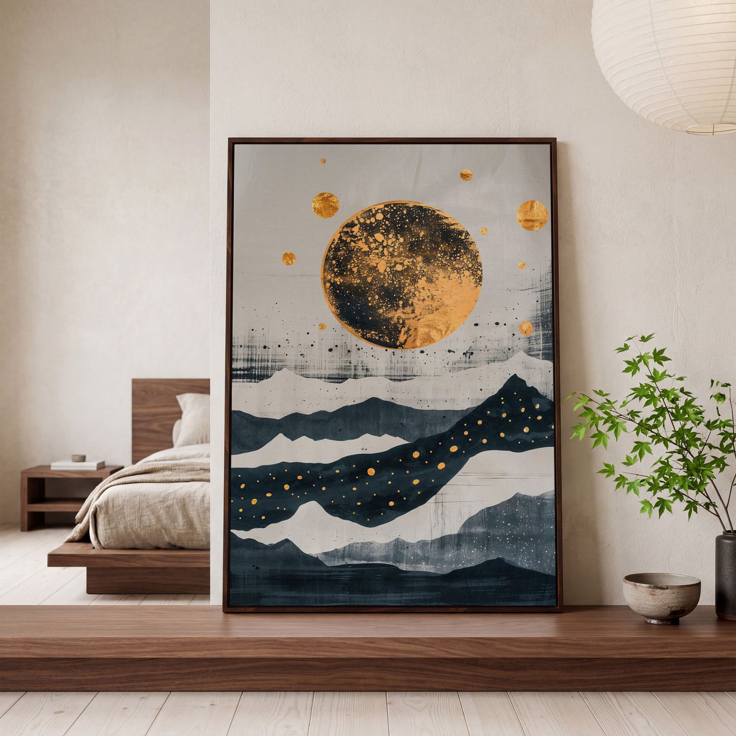 Golden Moon & Layered Mountains Canvas in dark walnut floating frame