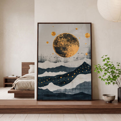 Golden Moon & Layered Mountains Canvas in dark walnut floating frame