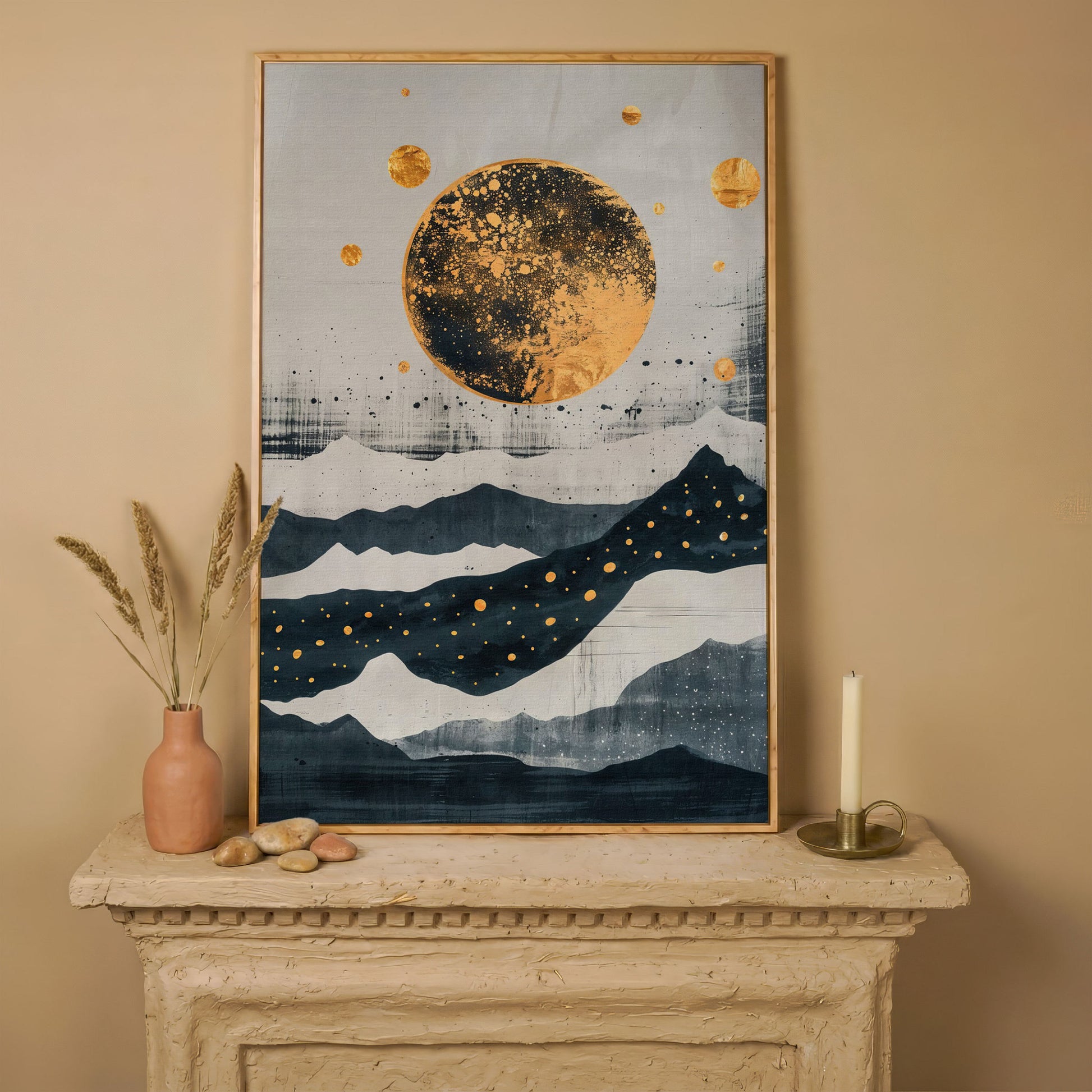 Golden Moon & Layered Mountains Canvas in white oak floating frame