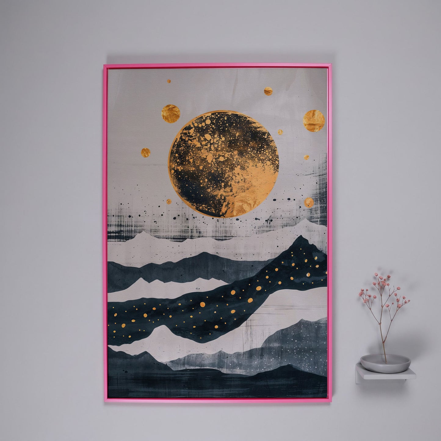 Golden Moon & Layered Mountains Canvas in pink floating frame