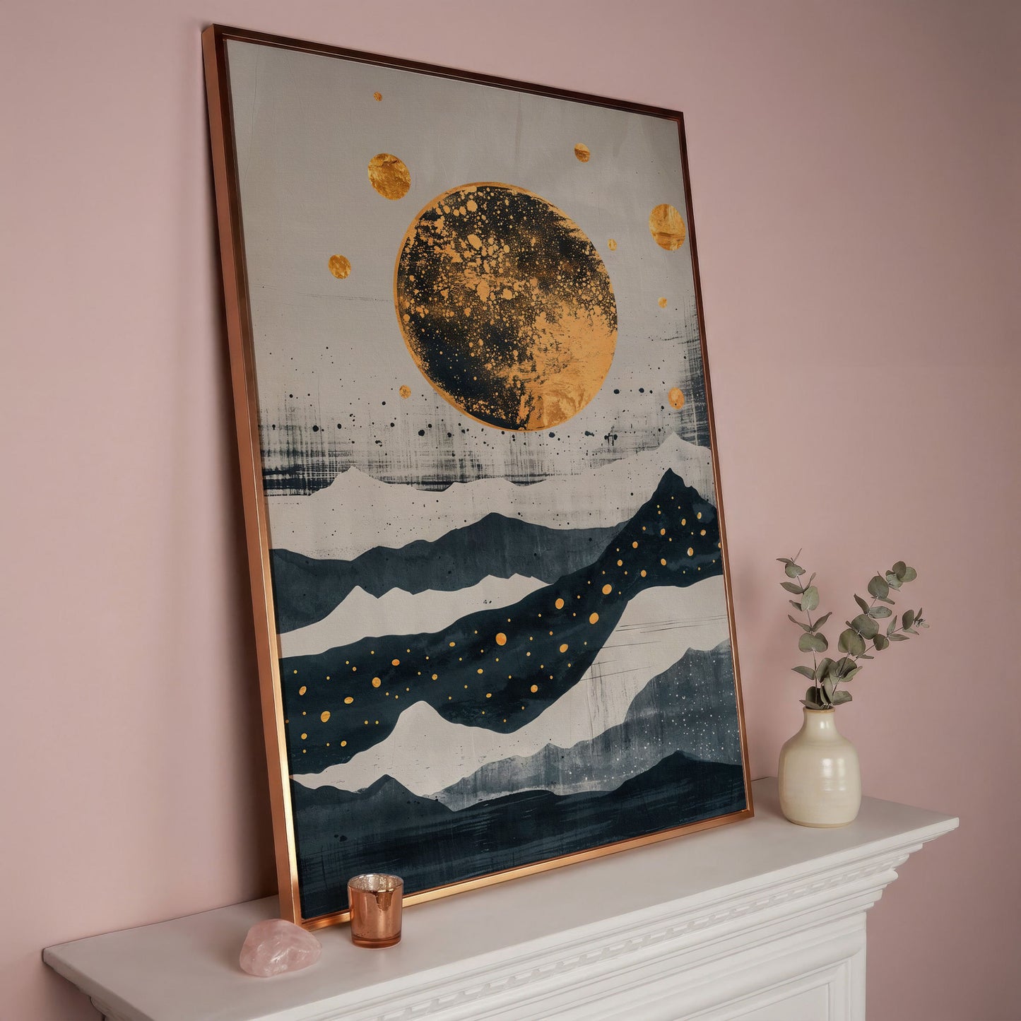 Golden Moon & Layered Mountains Canvas in rose gold floating frame