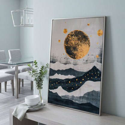 Golden Moon & Layered Mountains Canvas in silver floating frame
