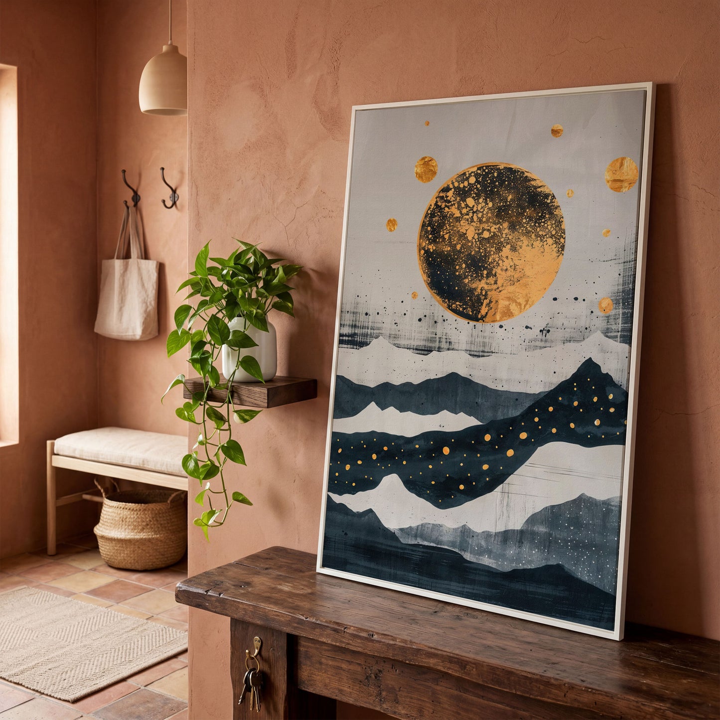 Golden Moon & Layered Mountains Canvas in white floating frame