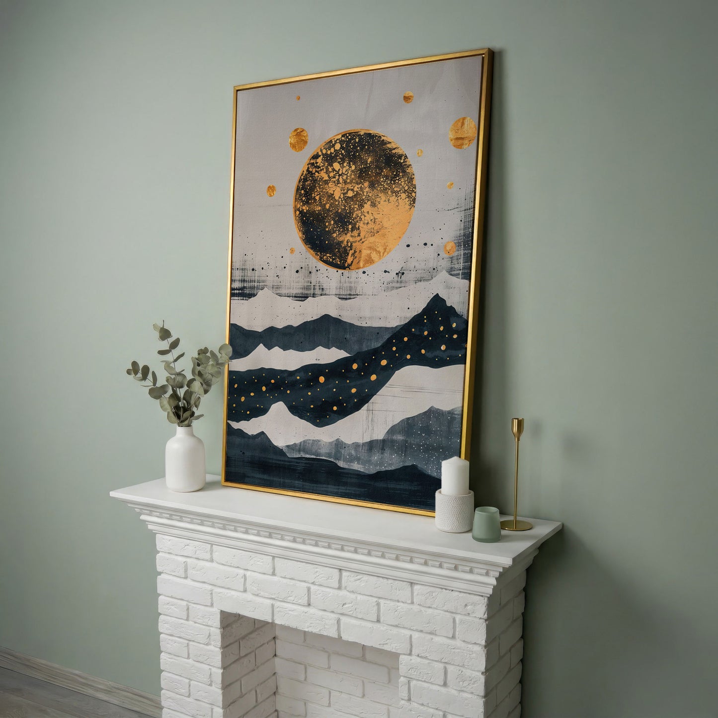 Golden Moon & Layered Mountains Canvas in yellow gold floating frame