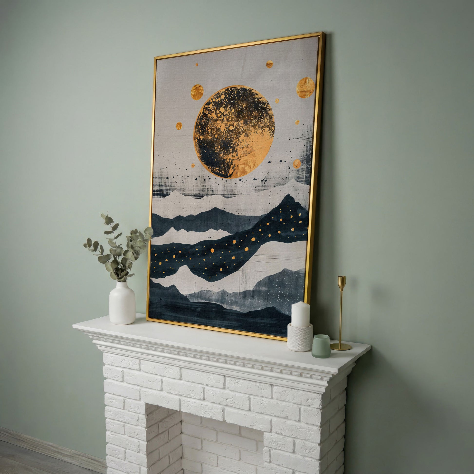 Golden Moon & Layered Mountains Canvas in yellow gold floating frame