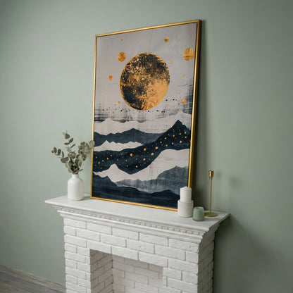 Golden Moon & Layered Mountains Canvas in yellow gold floating frame