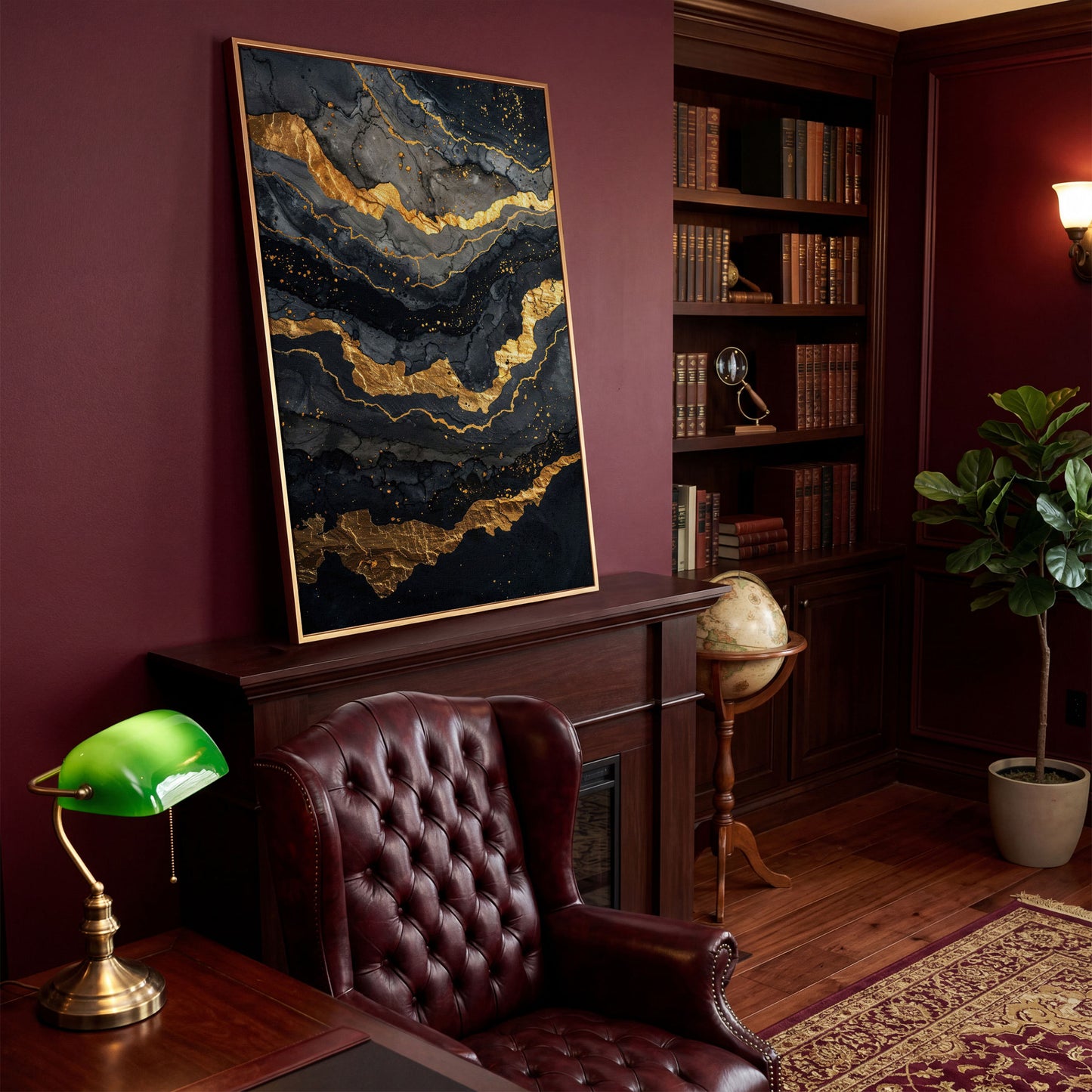 Gold Veins Abstract Canvas Print in antique gold floating frame