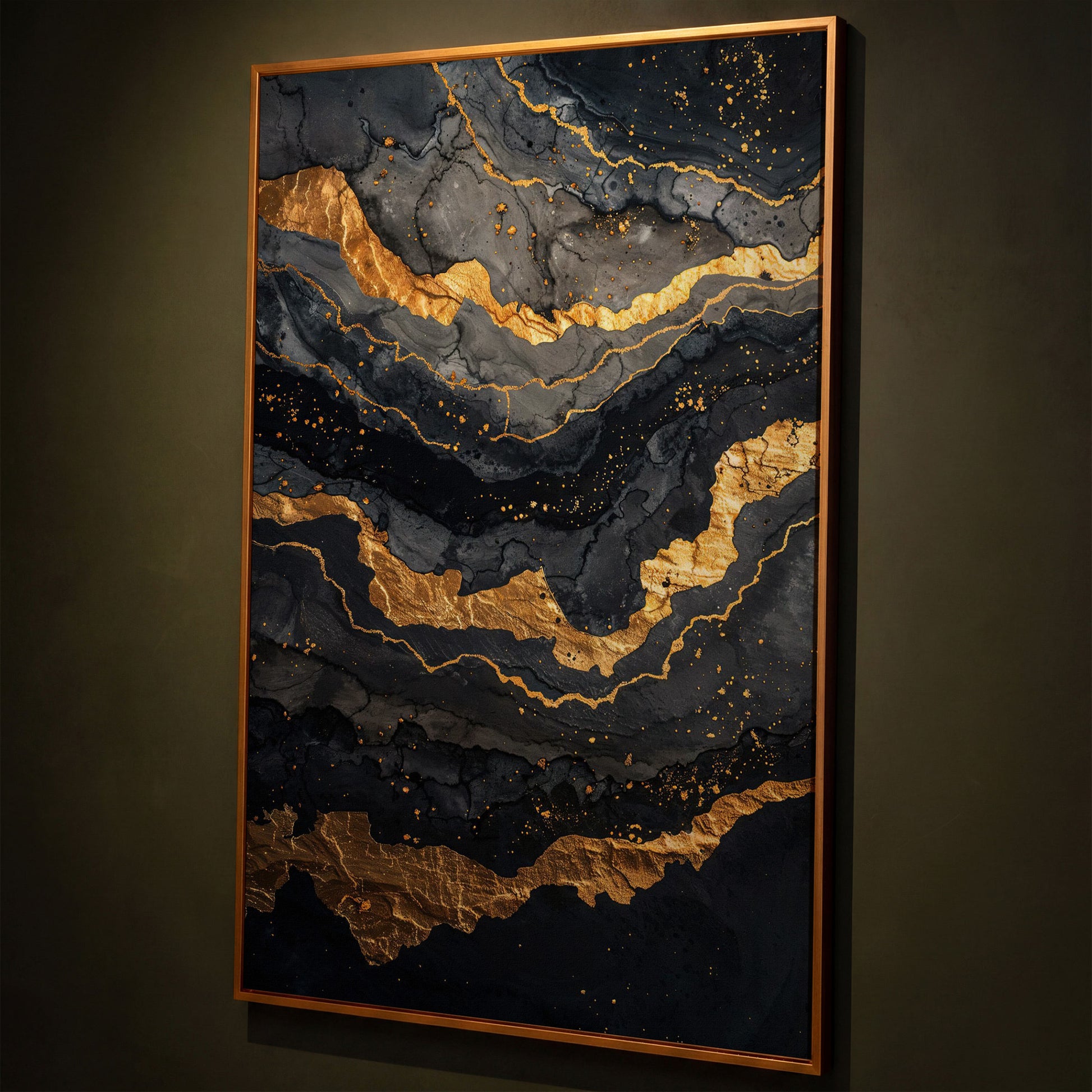 Gold Veins Abstract Canvas Print shown in antique gold floating frame