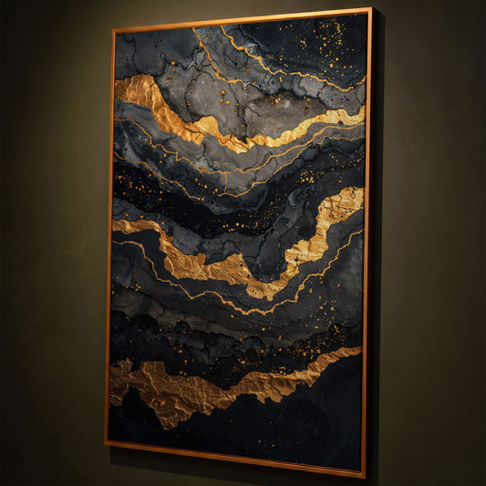 Gold Veins Abstract Canvas Print shown in antique gold floating frame