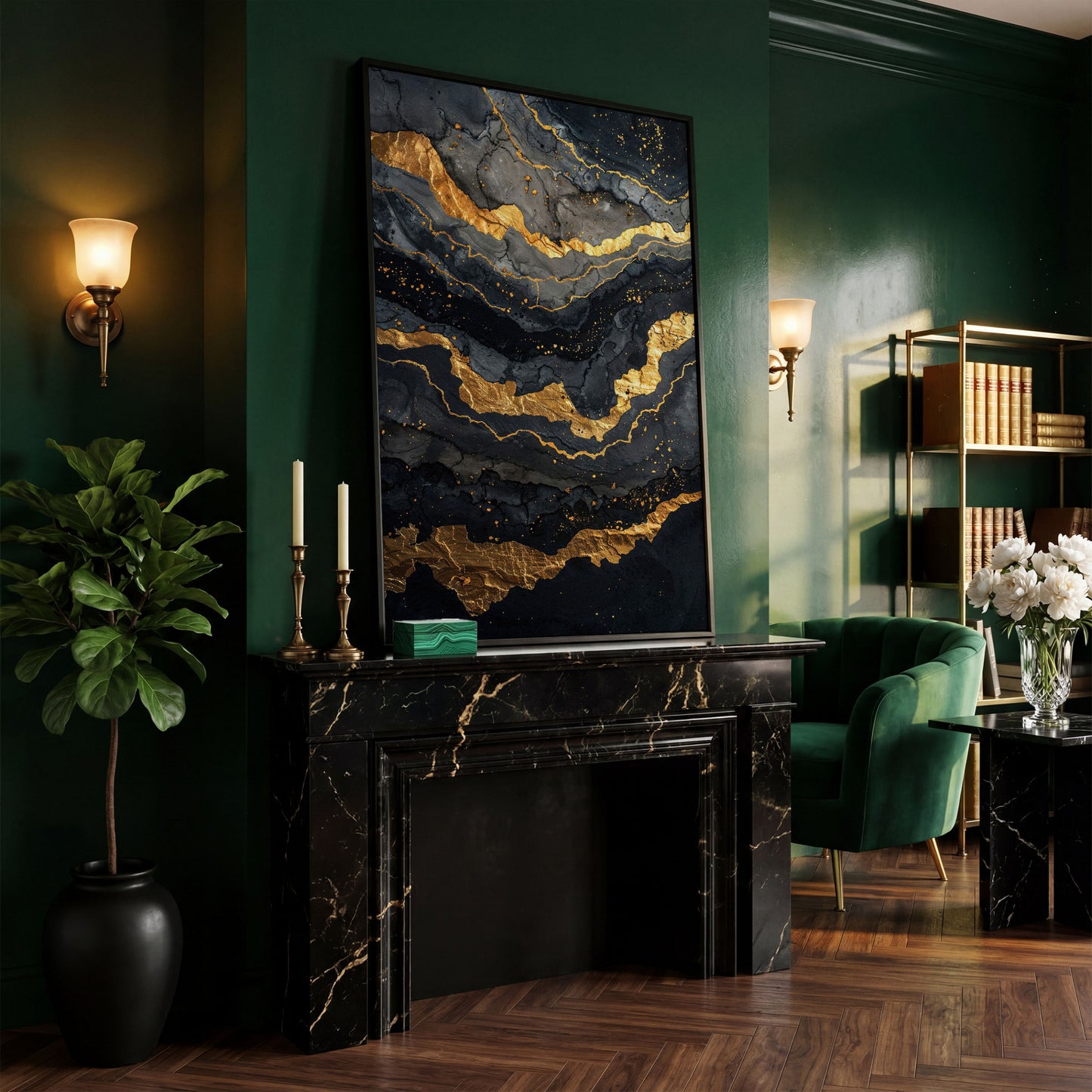 Gold Veins Abstract Canvas Print in black floating frame