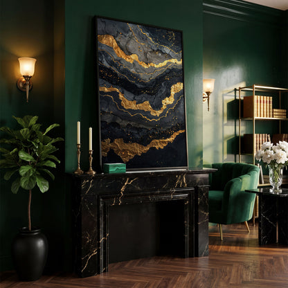 Gold Veins Abstract Canvas Print in black floating frame