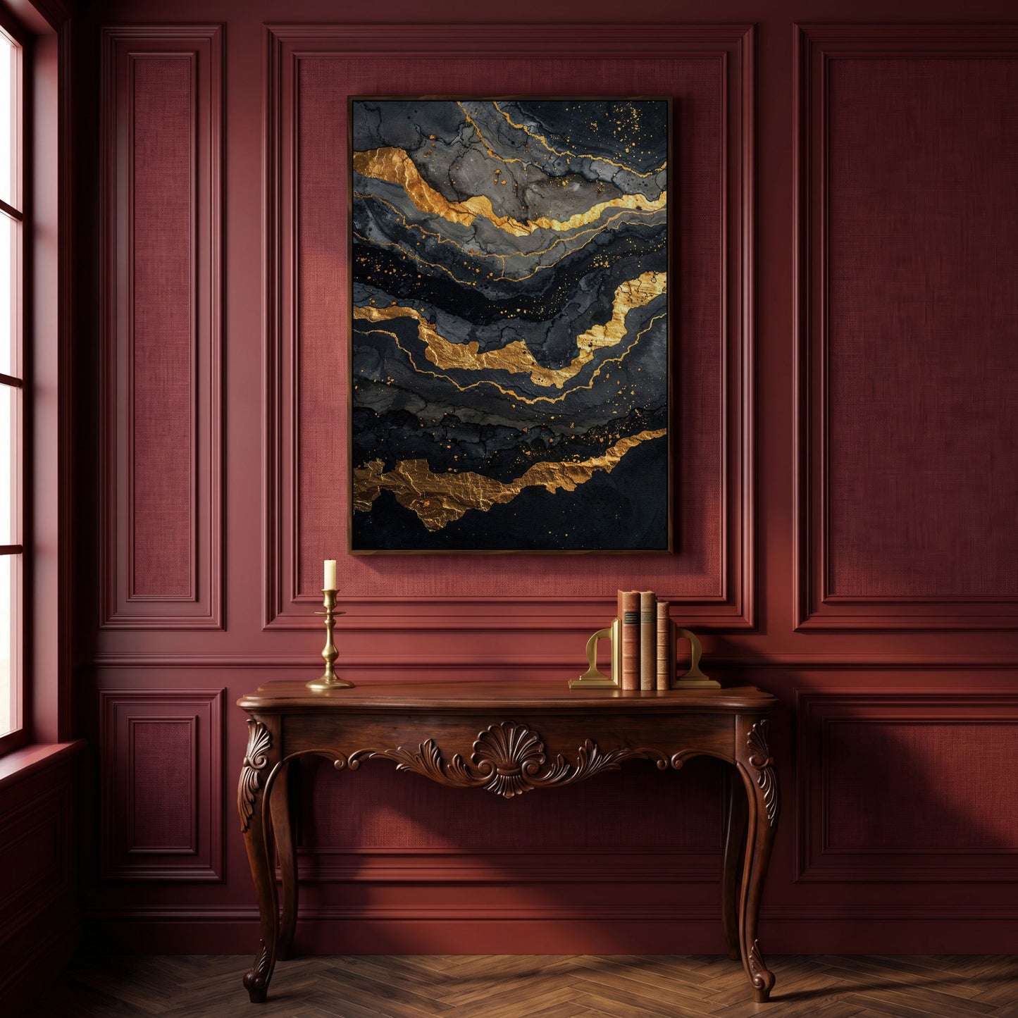Gold Veins Abstract Canvas Print in dark walnut floating frame