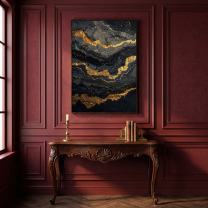 Gold Veins Abstract Canvas Print in dark walnut floating frame