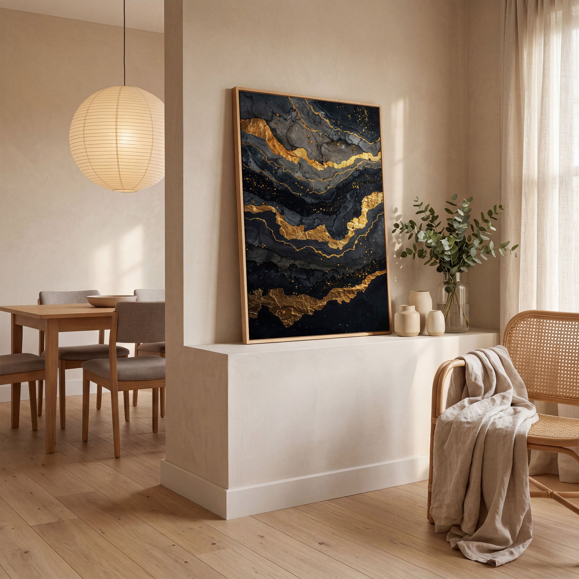 Gold Veins Abstract Canvas Print in white oak floating frame