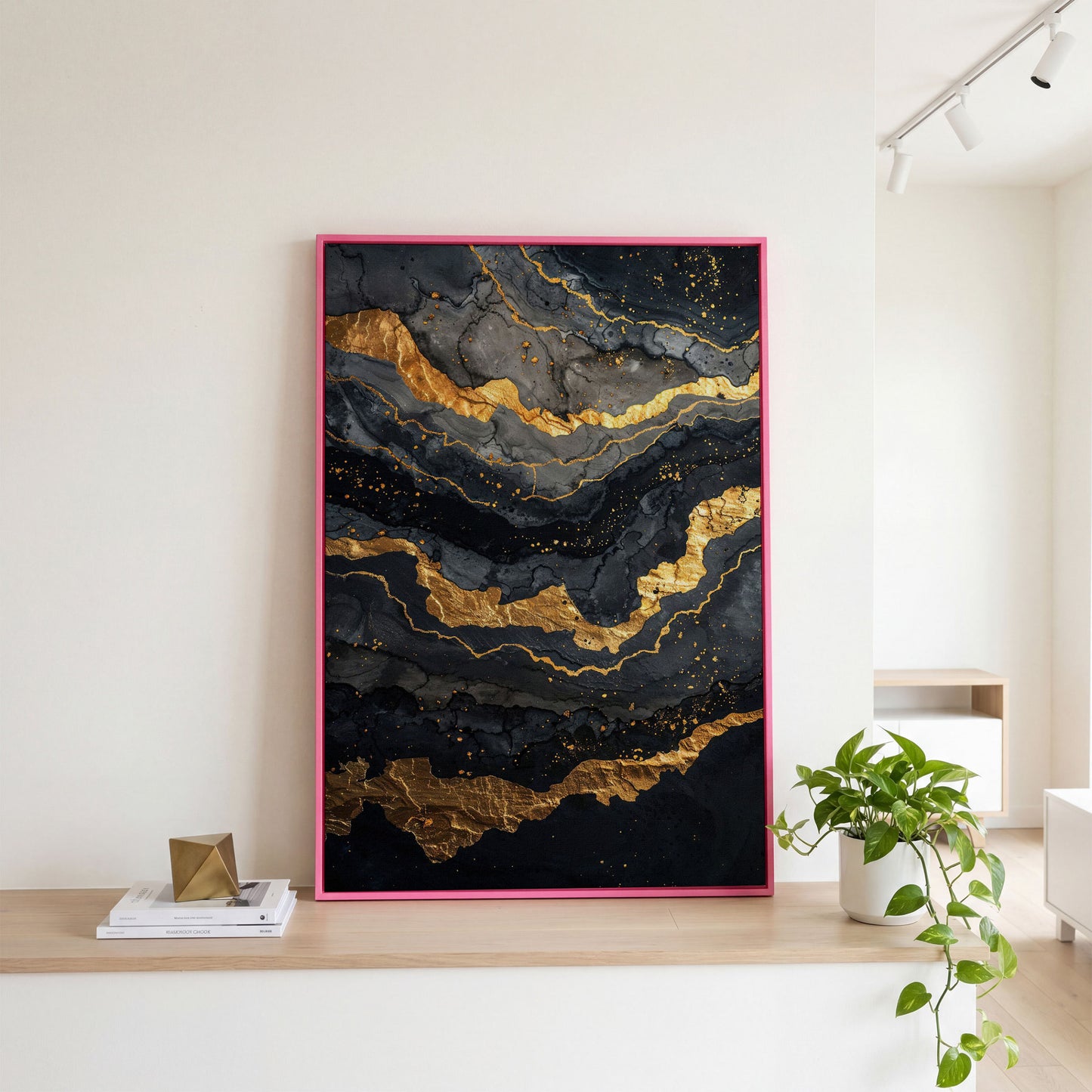 Gold Veins Abstract Canvas Print in pink floating frame