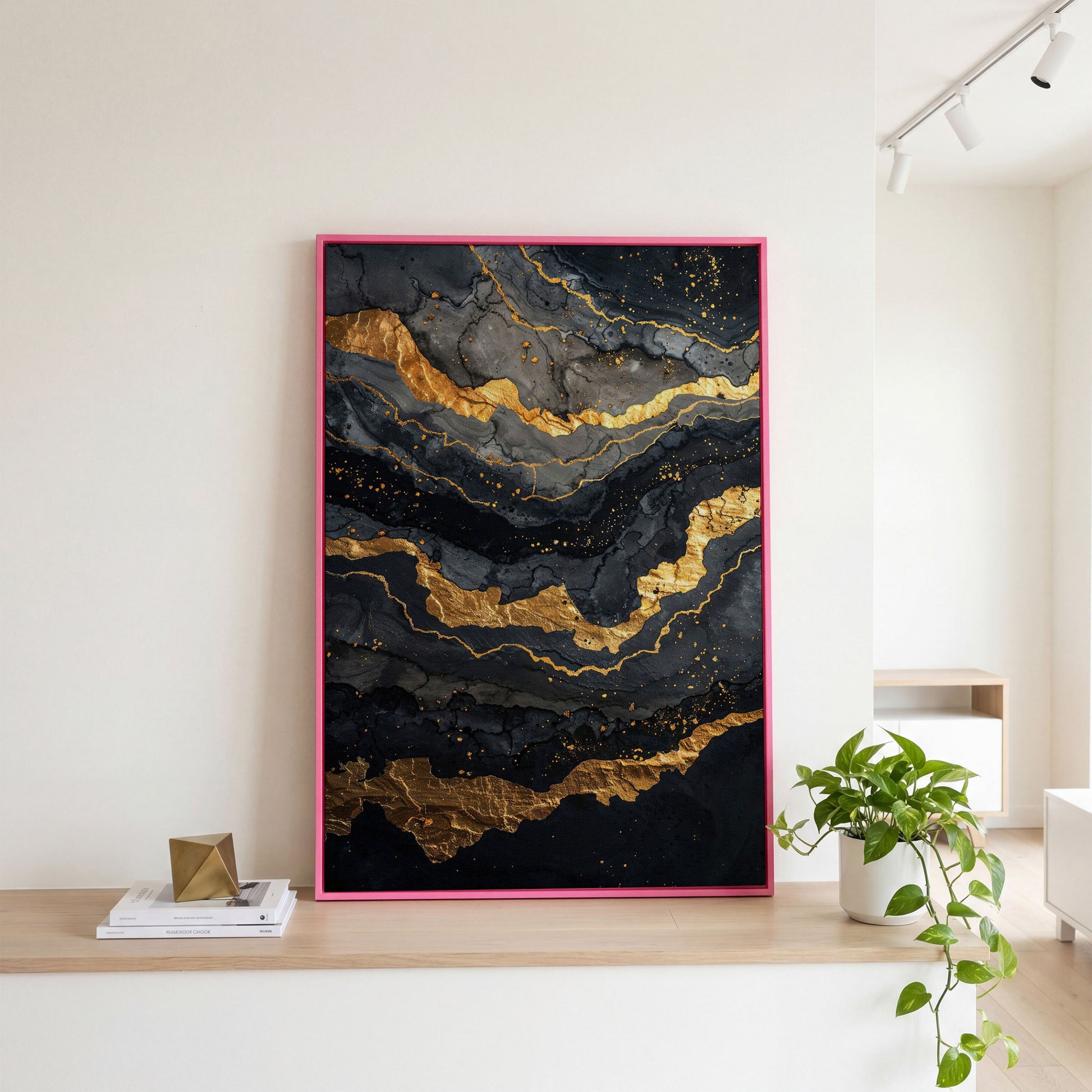 Gold Veins Abstract Canvas Print in pink floating frame
