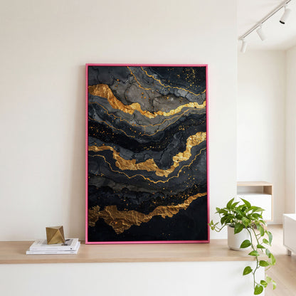 Gold Veins Abstract Canvas Print in pink floating frame