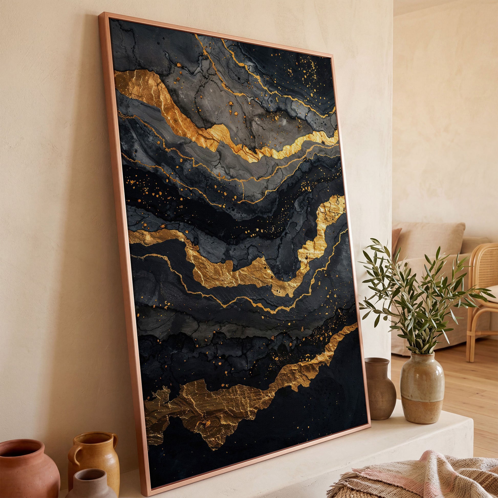 Gold Veins Abstract Canvas Print in rose gold floating frame