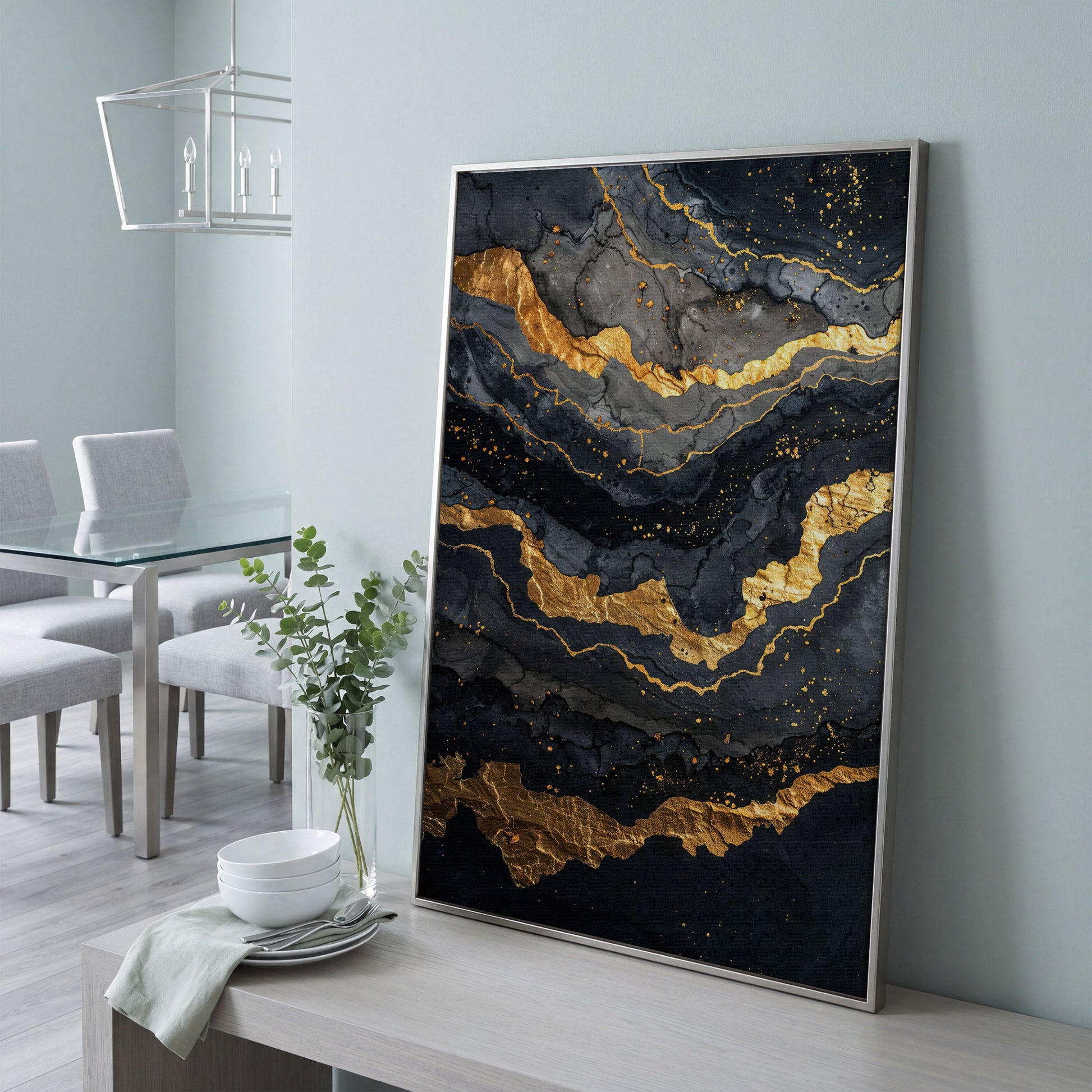 Gold Veins Abstract Canvas Print in silver floating frame