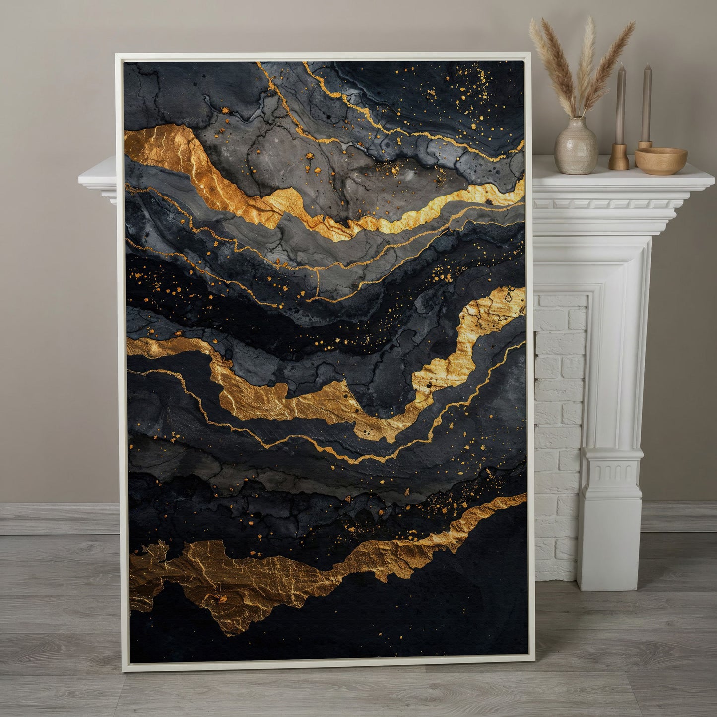 Gold Veins Abstract Canvas Print in white floating frame