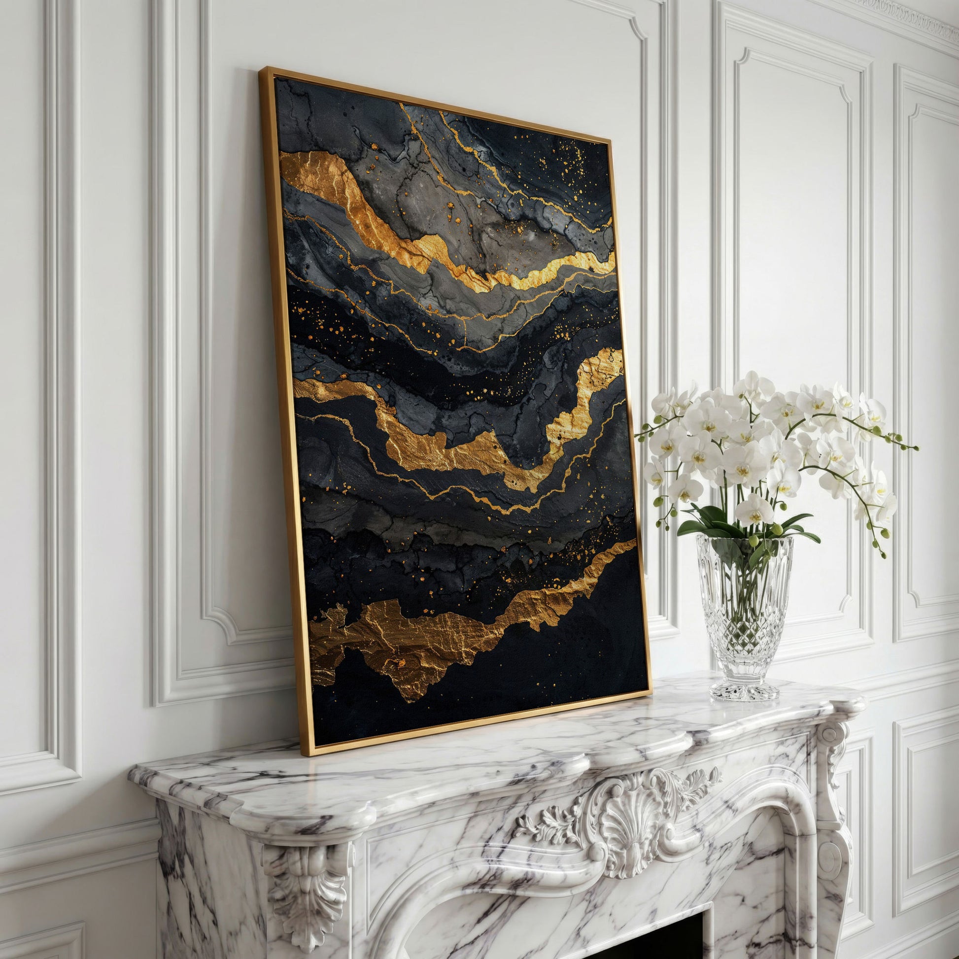 Gold Veins Abstract Canvas Print in yellow gold floating frame