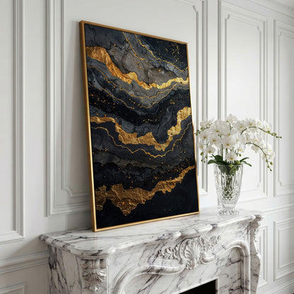 Gold Veins Abstract Canvas Print in yellow gold floating frame