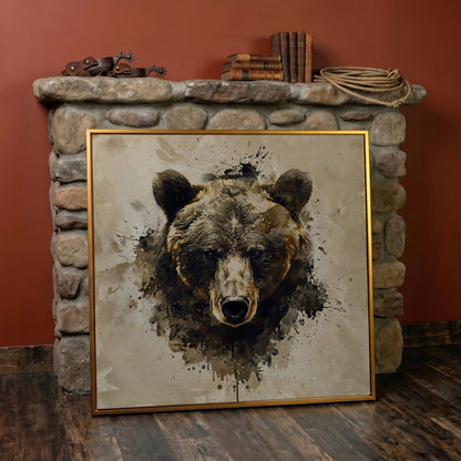 Grizzly Bear Portrait Canvas, Sepia Tones in antique gold floating frame