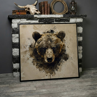 Grizzly Bear Portrait Canvas, Sepia Tones in black floating frame